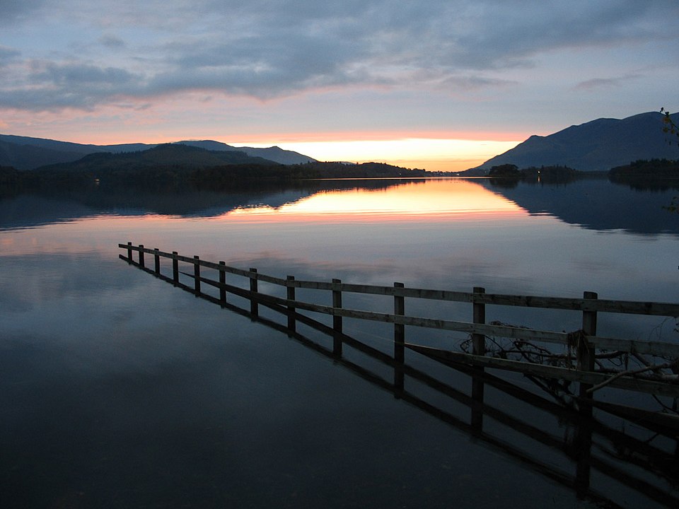 Derwentwater at dusk, with hills beyond the lake