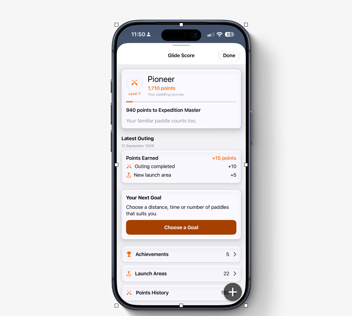 Glide Score showing Pioneer at Level 7, 1,710 points, a 15-point outing, a personal goal and links to achievements, launch areas and points history